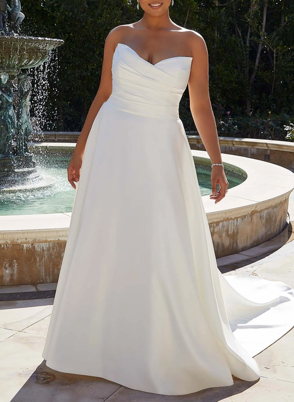 Plus Size A-Line Strapless Sleeveless Court Train Satin Wedding Dresses