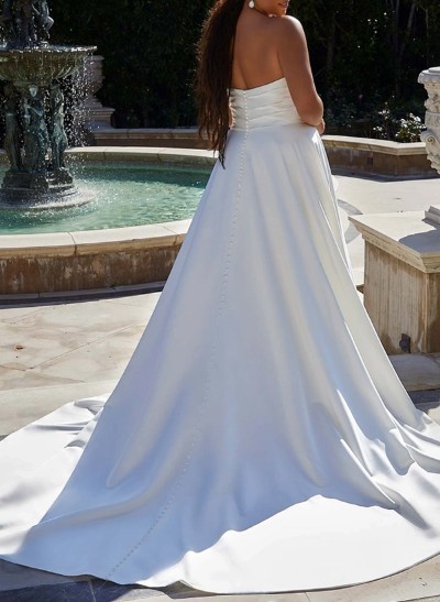 Plus Size A-Line Strapless Sleeveless Court Train Satin Wedding Dresses