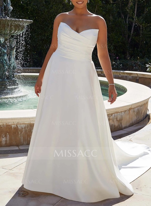 Plus Size A-Line Strapless Sleeveless Court Train Satin Wedding Dresses