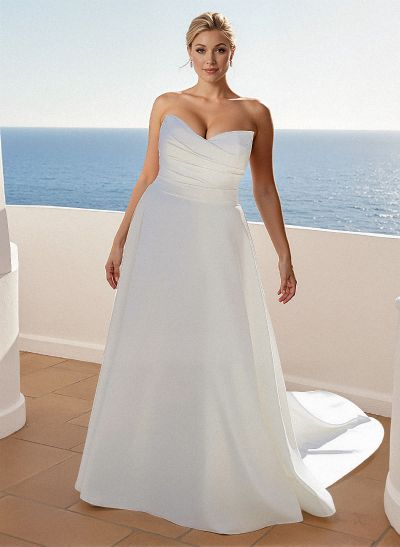 Plus Size A-Line Strapless Sleeveless Court Train Satin Wedding Dresses