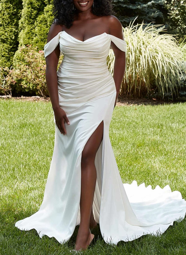 Plus Size Trumpet/Mermaid Off-The-Shoulder Satin Wedding Dresses With High Split