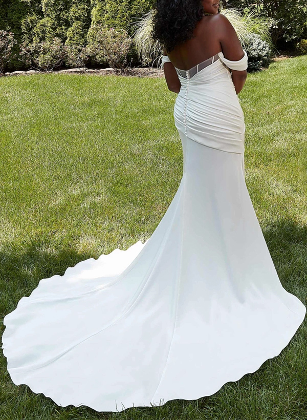 Plus Size Trumpet/Mermaid Off-The-Shoulder Satin Wedding Dresses With High Split