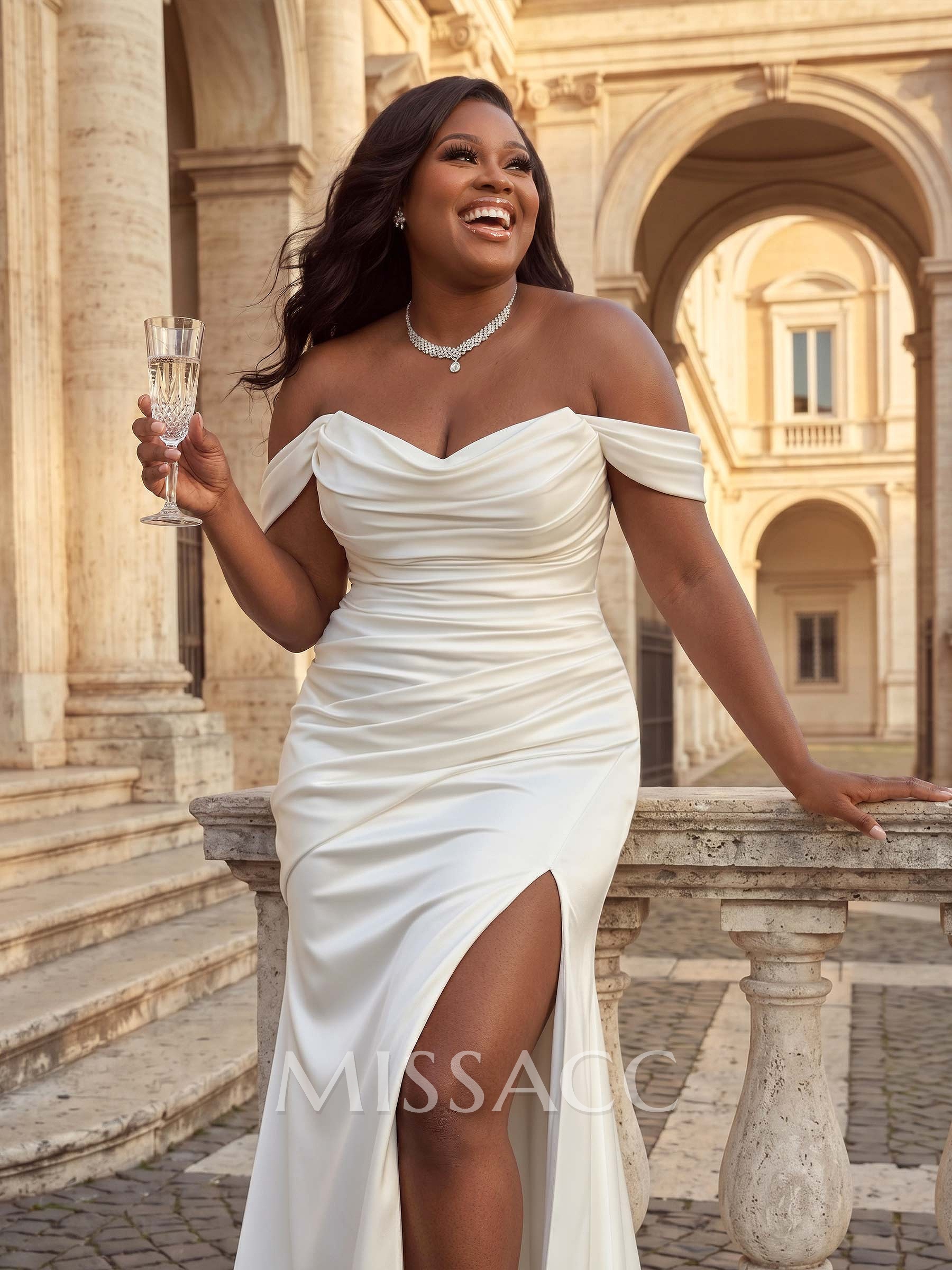 Plus Size Trumpet/Mermaid Off-The-Shoulder Acetate Satin Wedding Dresses With High Split