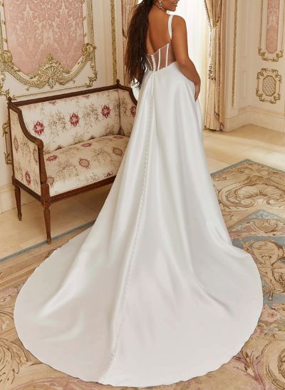 Plus Size A-Line V-Neck Sleeveless Court Train Satin Wedding Dresses With High Split