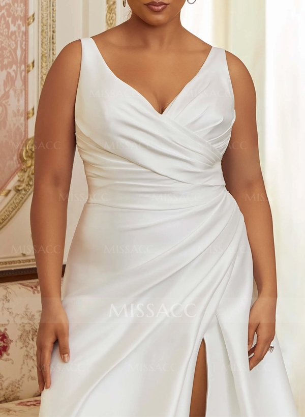 Plus Size A-Line V-Neck Sleeveless Court Train Satin Wedding Dresses With High Split