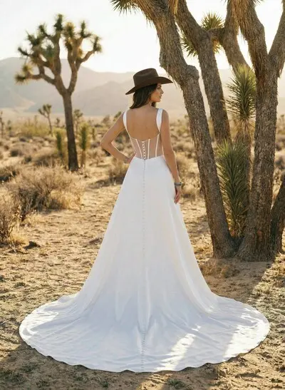 Plus Size A-Line V-Neck Sleeveless Court Train Satin Wedding Dresses With High Split