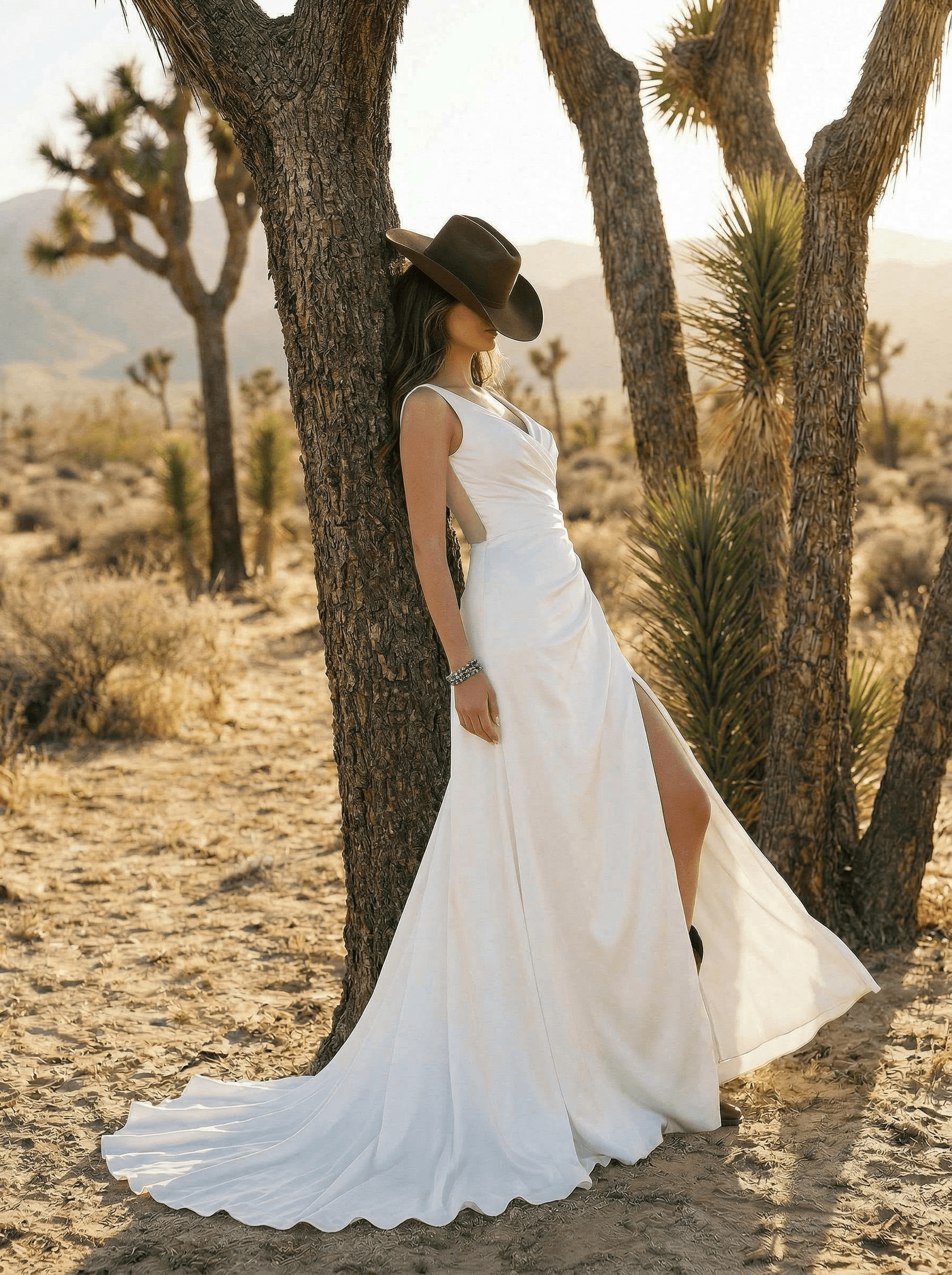 Plus Size A-Line V-Neck Sleeveless Court Train Satin Wedding Dresses With High Split