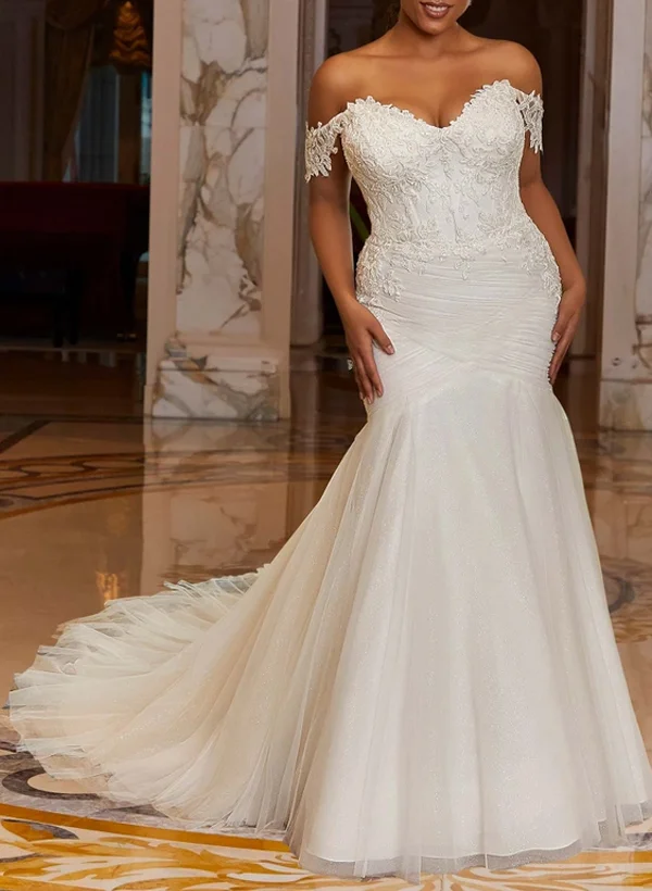 Plus Size Trumpet/Mermaid Off-The-Shoulder Tulle Wedding Dresses With Lace  - Missacc