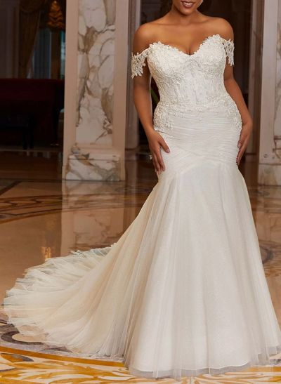 Plus Size Trumpet/Mermaid Off-The-Shoulder Tulle Wedding Dresses With Lace