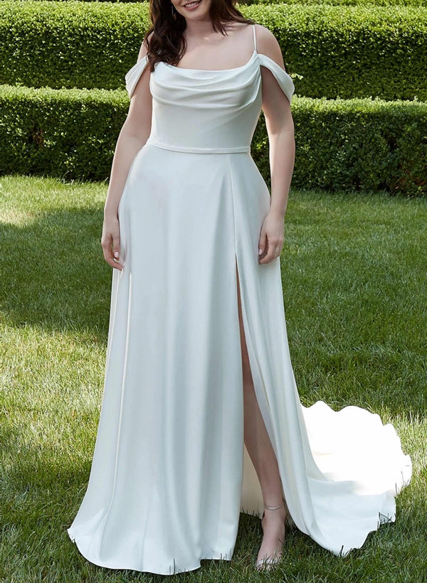 Plus Size Sheath/Column Cowl Neck Sweep Train Silk Like Satin Wedding Dresses With High Split