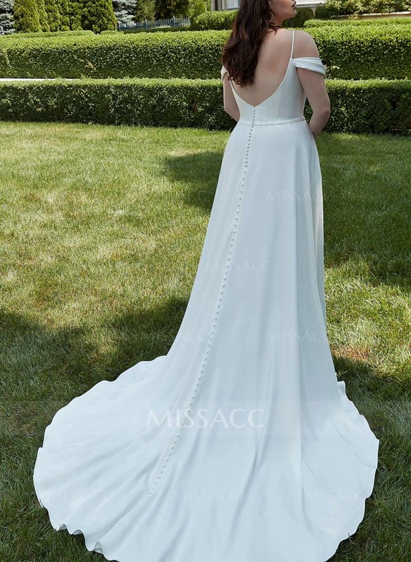 Plus Size Sheath/Column Cowl Neck Sweep Train Silk Like Satin Wedding Dresses With High Split