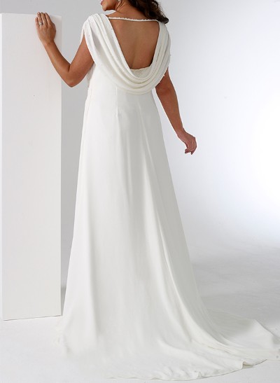 A-Line Cowl Neck Sleeveless Sweep Train Chiffon Plus Size Wedding Dress