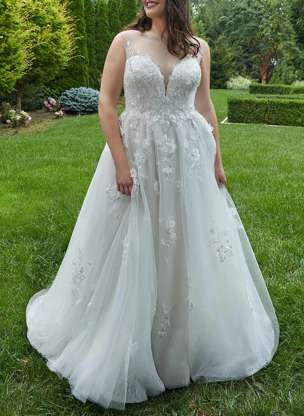 Plus Size A-Line Illusion Neck Sleeveless Court Train Tulle Wedding Dresses With Lace