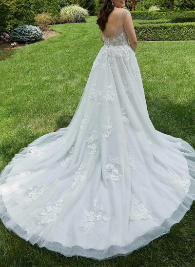 Plus Size A-Line Illusion Neck Sleeveless Court Train Tulle Wedding Dresses With Lace