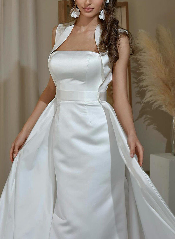 Sheath/Column Sleeveless Sweep Train Satin Wedding Dresses