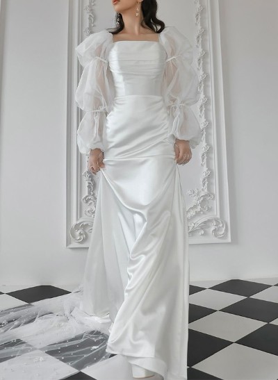 Sheath/Column Square Neckline Long Sleeves Sweep Train Satin/Chiffon Wedding Dress
