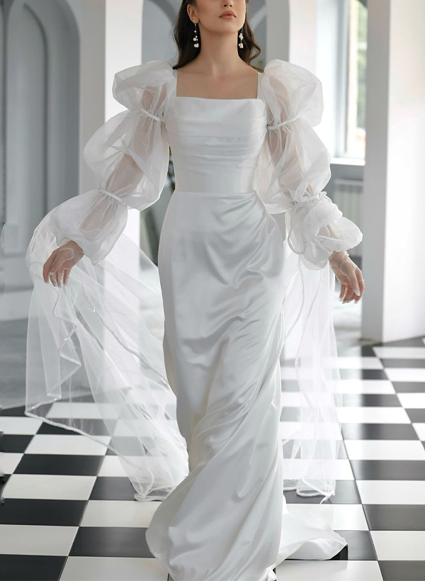 Sheath/Column Square Neckline Long Sleeves Sweep Train Satin/Chiffon Wedding Dress