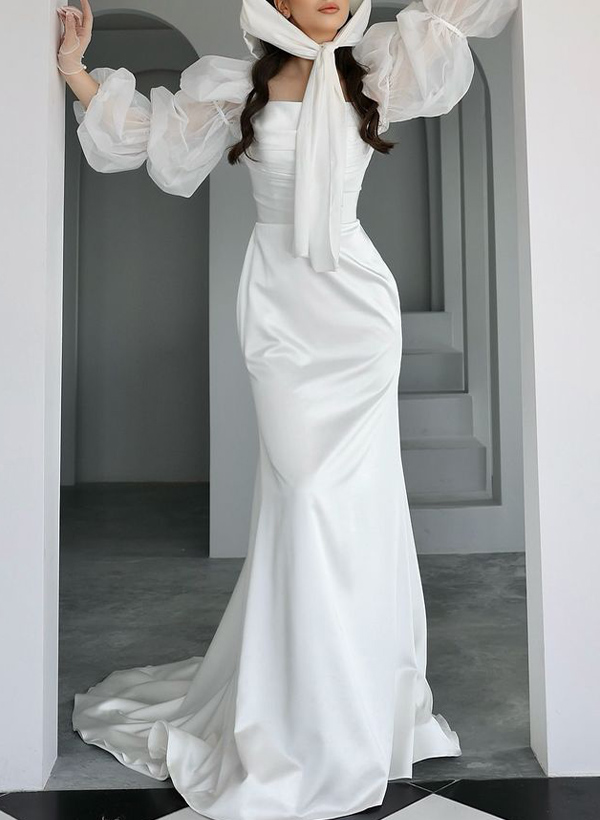 Sheath/Column Square Neckline Long Sleeves Sweep Train Satin/Chiffon Wedding Dress