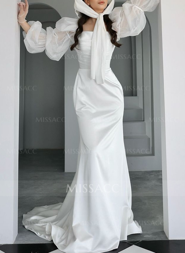 Sheath/Column Square Neckline Long Sleeves Sweep Train Satin/Chiffon Wedding Dress