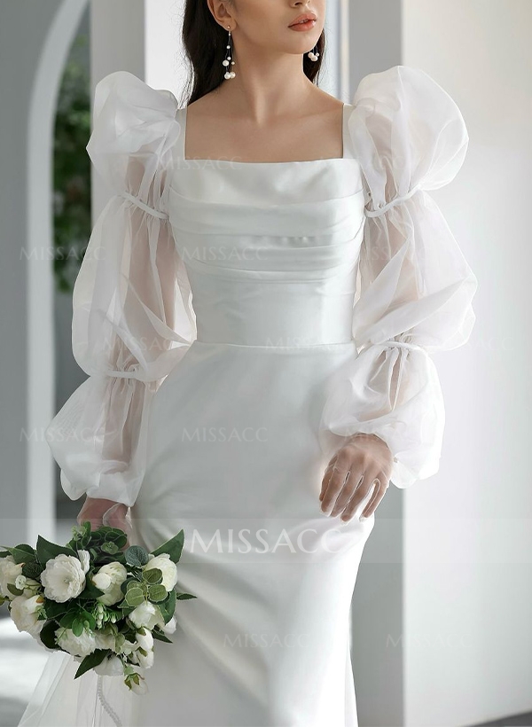 Sheath/Column Square Neckline Long Sleeves Sweep Train Satin/Chiffon Wedding Dress