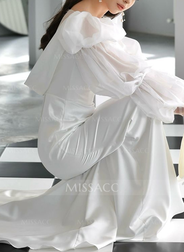 Sheath/Column Square Neckline Long Sleeves Sweep Train Satin/Chiffon Wedding Dress