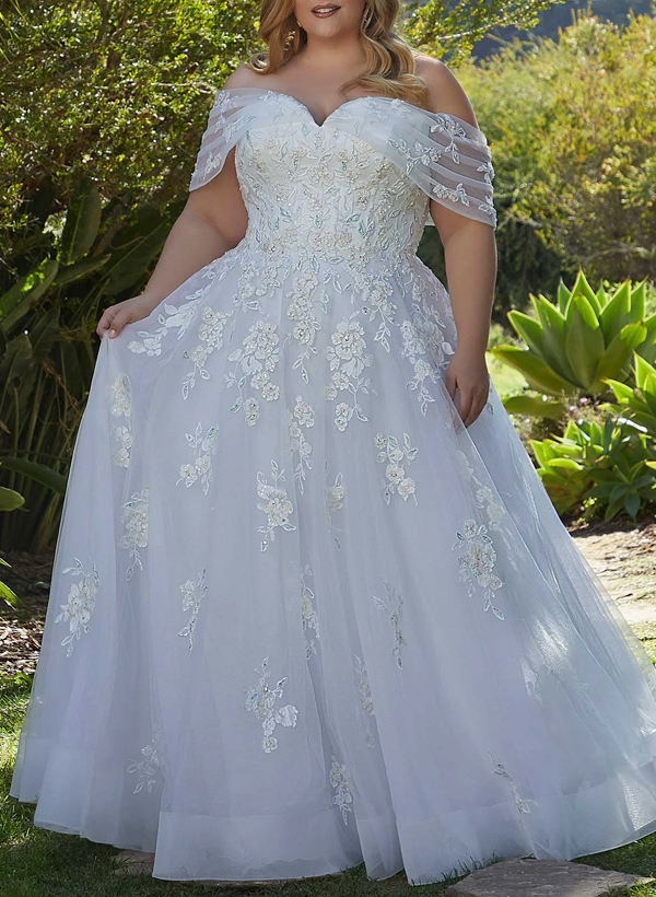 Plus Size A-Line Off-The-Shoulder Court Train Tulle Wedding Dresses With Lace