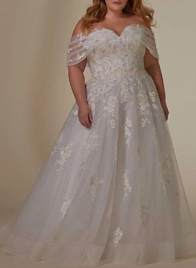 Plus Size A-Line Off-The-Shoulder Court Train Tulle Wedding Dresses With Lace