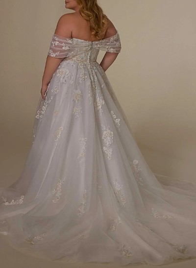 Plus Size A-Line Off-The-Shoulder Court Train Tulle Wedding Dresses With Lace