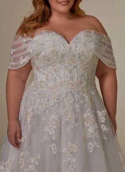 Plus Size A-Line Off-The-Shoulder Court Train Tulle Wedding Dresses With Lace