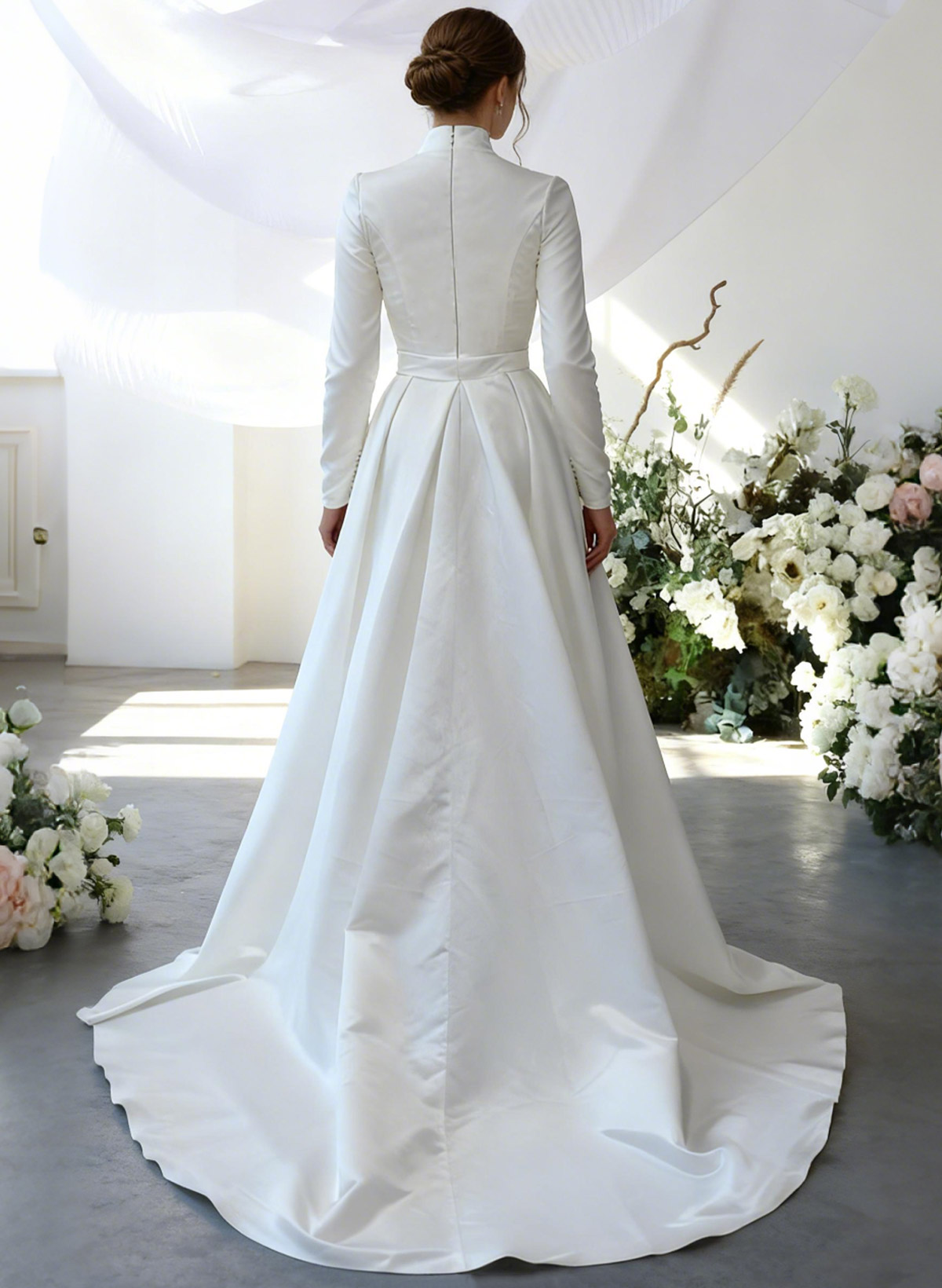 A-Line V-Neck Long Sleeves Sweep Train Satin Wedding Dress