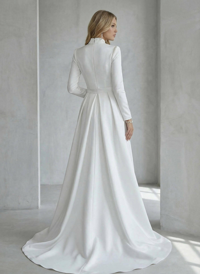 A-Line V-Neck Long Sleeves Sweep Train Satin Wedding Dress