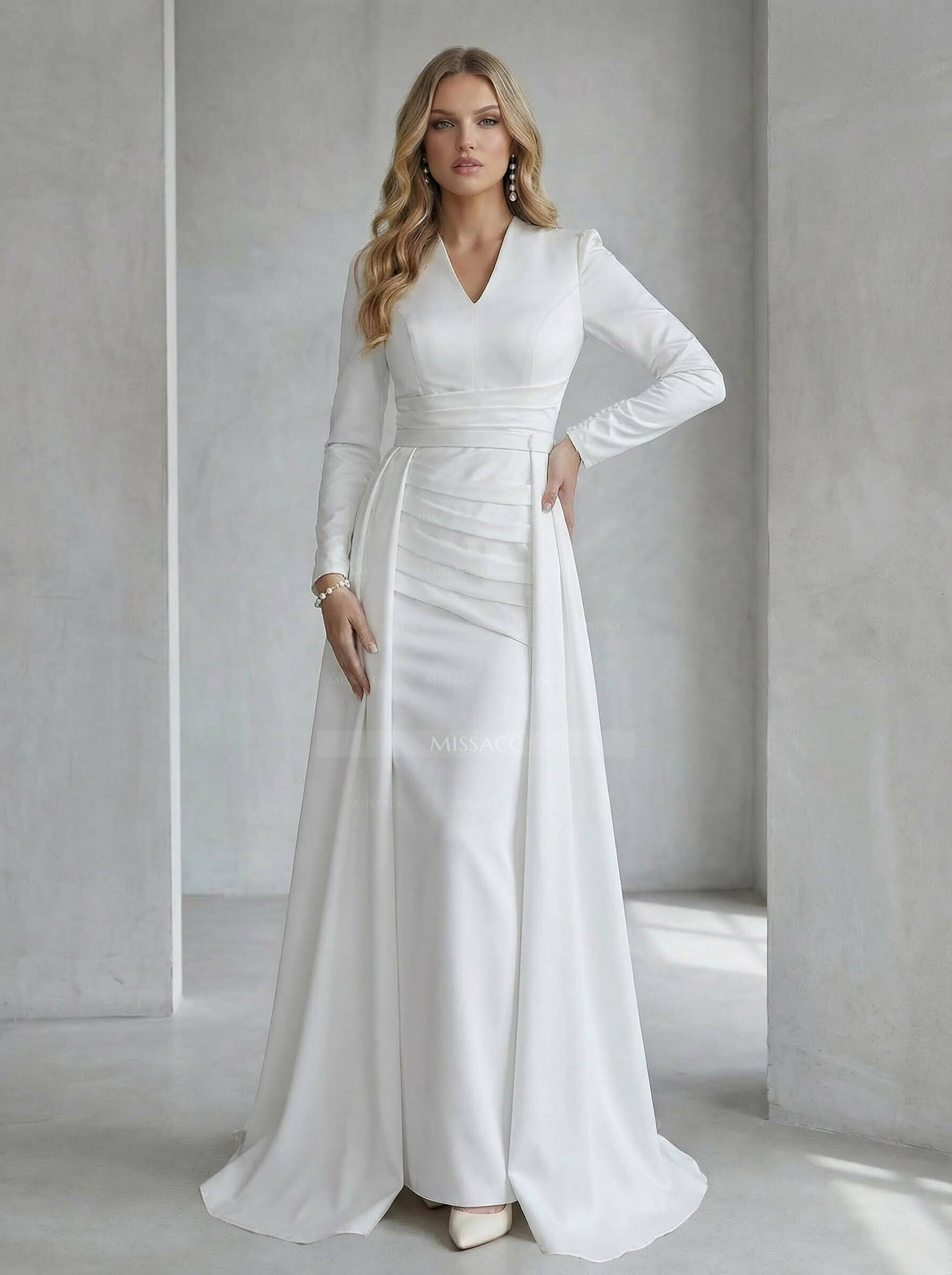 A-Line V-Neck Long Sleeves Sweep Train Satin Wedding Dress