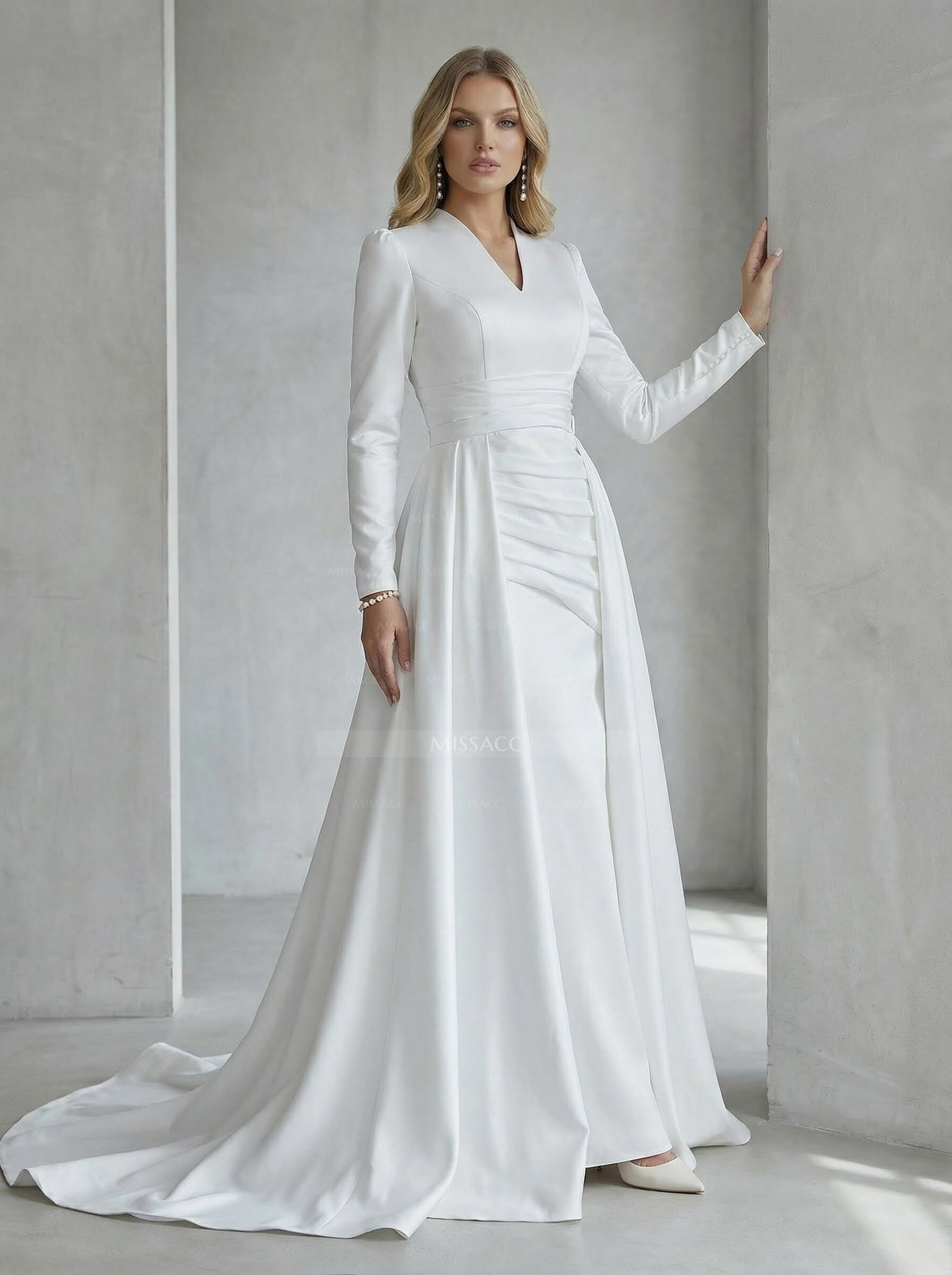 A-Line V-Neck Long Sleeves Sweep Train Satin Wedding Dress