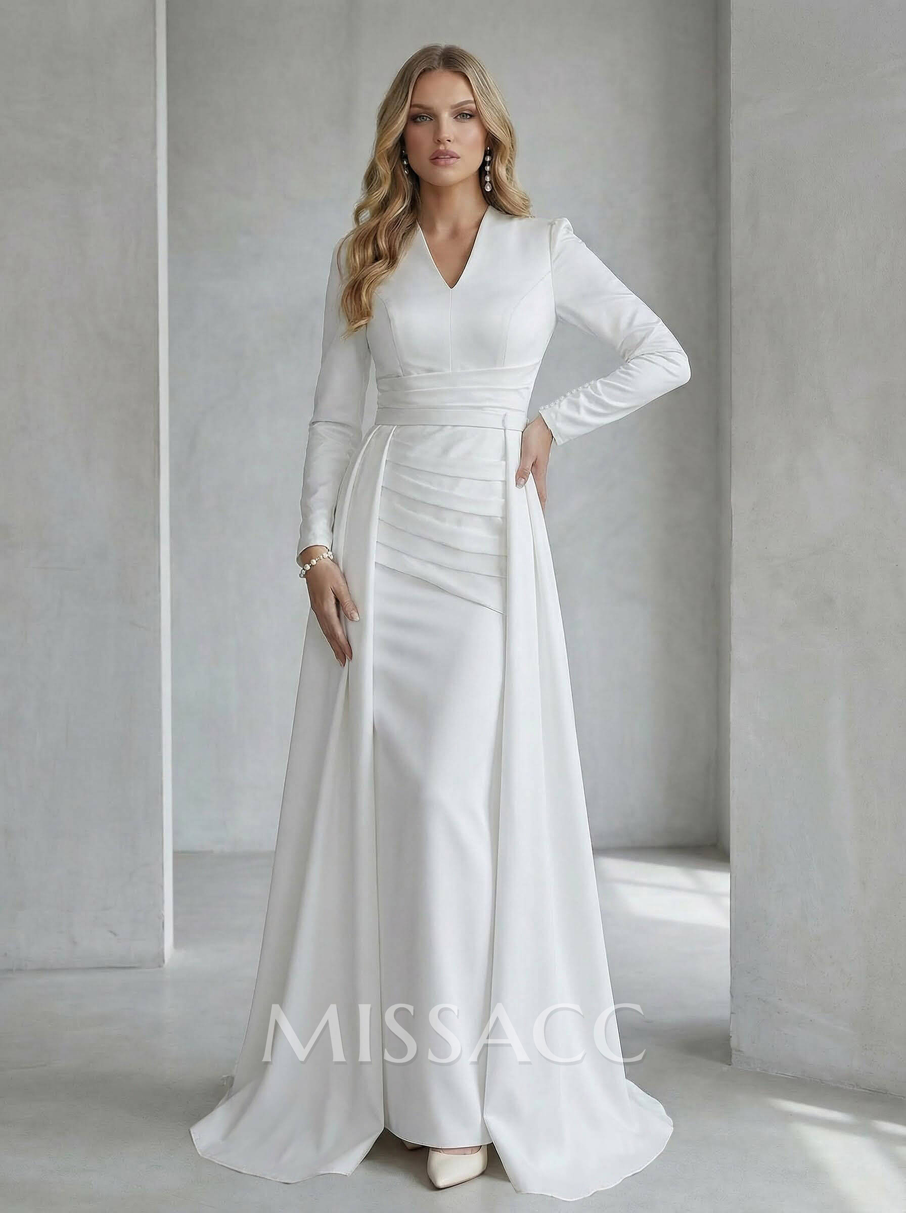 A-Line V-Neck Long Sleeves Sweep Train Satin Wedding Dress A-Line V-Neck Long Sleeves Sweep Train Satin Wedding Dress