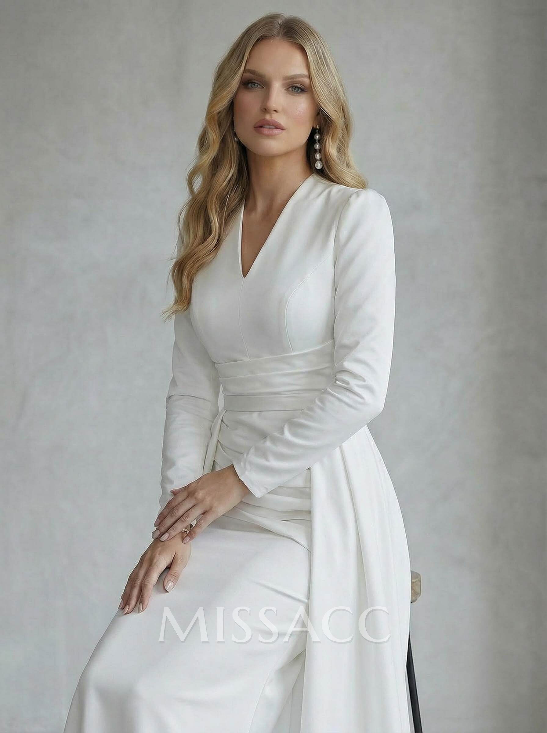 A-Line V-Neck Long Sleeves Sweep Train Satin Wedding Dress A-Line V-Neck Long Sleeves Sweep Train Satin Wedding Dress