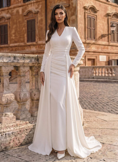 A-Line V-Neck Long Sleeves Sweep Train Satin Wedding Dress