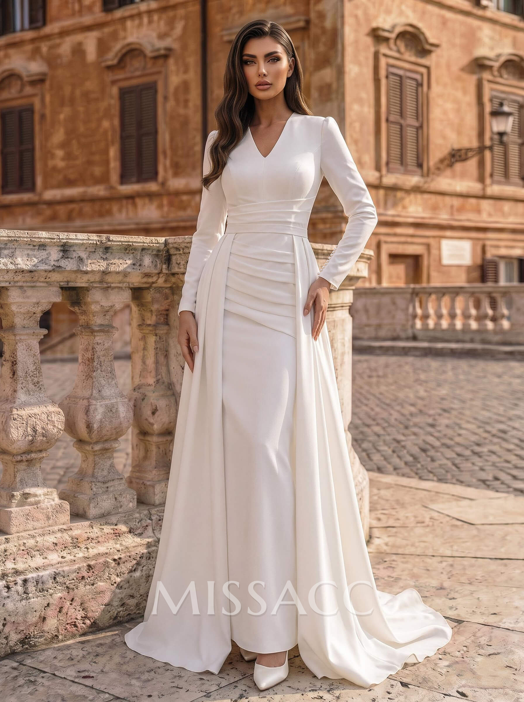 A-Line V-Neck Long Sleeves Sweep Train Satin Wedding Dress