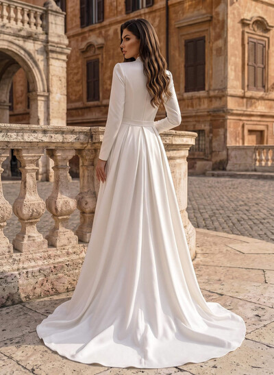 A-Line V-Neck Long Sleeves Sweep Train Satin Wedding Dress