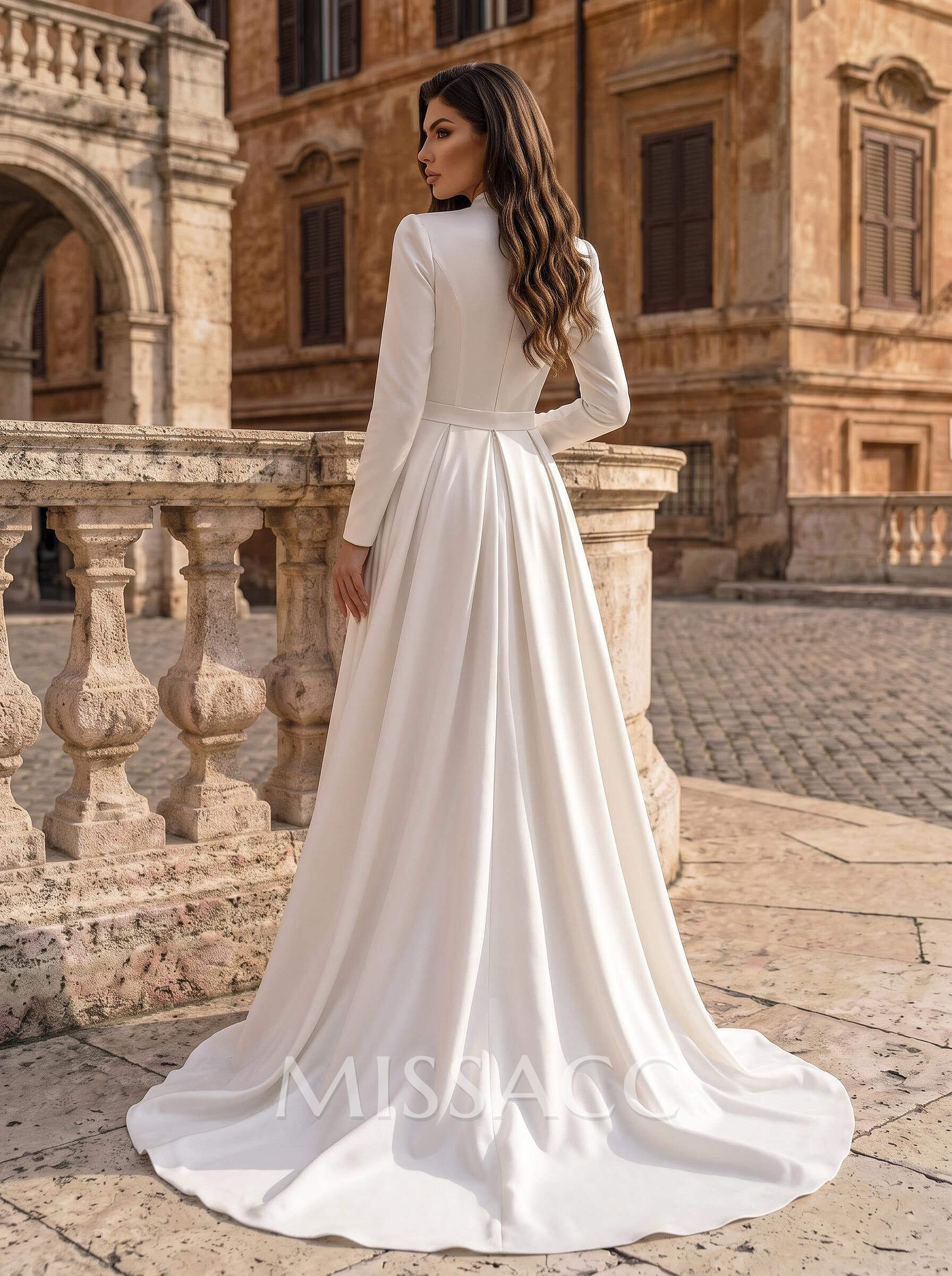 A-Line V-Neck Long Sleeves Sweep Train Satin Wedding Dress