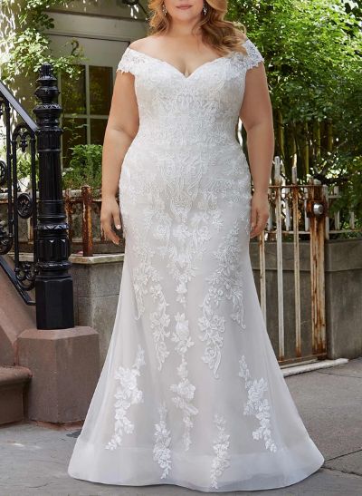 Plus Size Trumpet/Mermaid Off-The-Shoulder Tulle Wedding Dresses With Lace