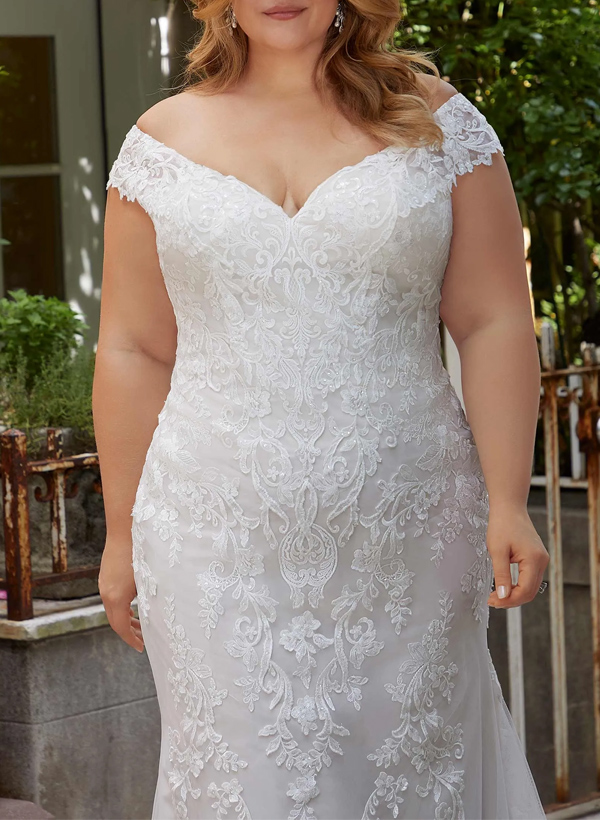 Plus Size Trumpet/Mermaid Off-The-Shoulder Tulle Wedding Dresses With Lace