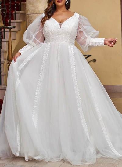 A-Line V-Neck Long Sleeves Sweep Train Lace/Tulle Plus Size Wedding Dress