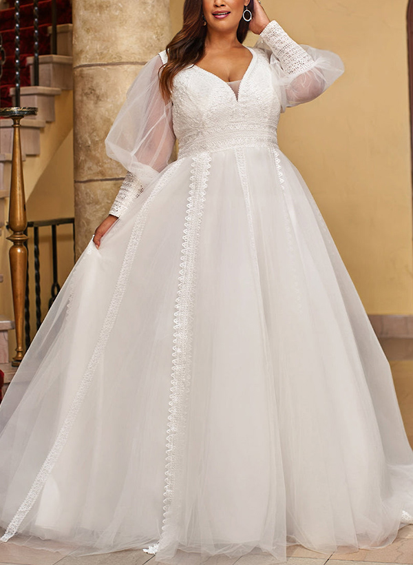 A-Line V-Neck Long Sleeves Sweep Train Lace/Tulle Plus Size Wedding Dress