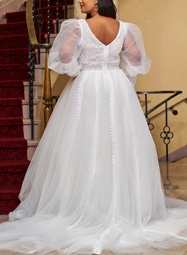 A-Line V-Neck Long Sleeves Sweep Train Lace/Tulle Plus Size Wedding Dress