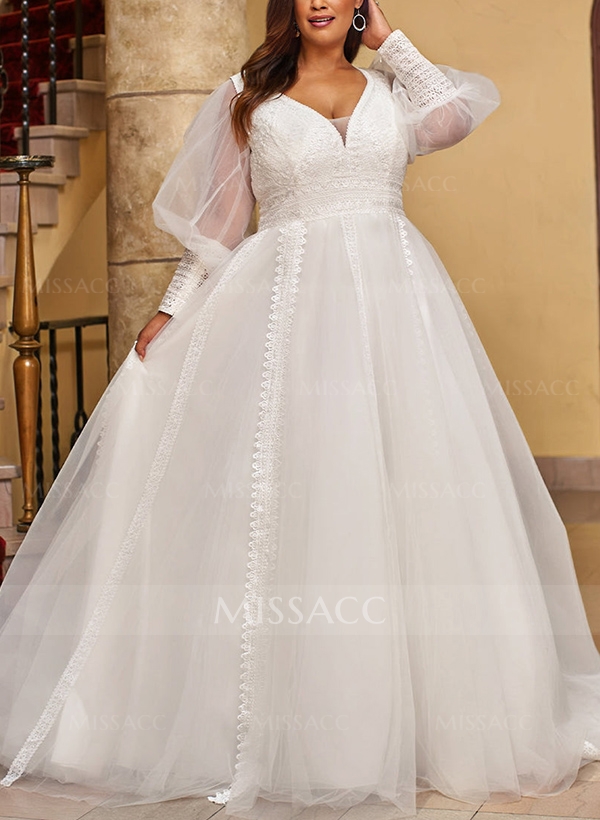 A-Line V-Neck Long Sleeves Sweep Train Lace/Tulle Plus Size Wedding Dress