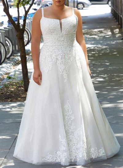 Plus Size A-Line Cowl Neck Sleeveless Sweep Train Tulle Wedding Dresses With Lace