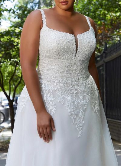 Plus Size A-Line Cowl Neck Sleeveless Sweep Train Tulle Wedding Dresses With Lace