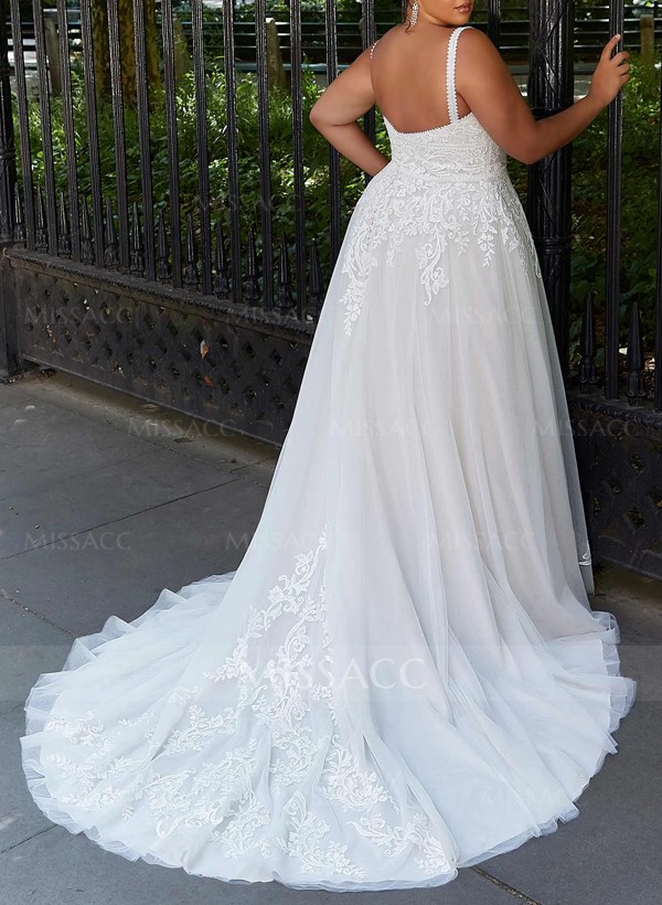 Plus Size A-Line Cowl Neck Sleeveless Sweep Train Tulle Wedding Dresses With Lace