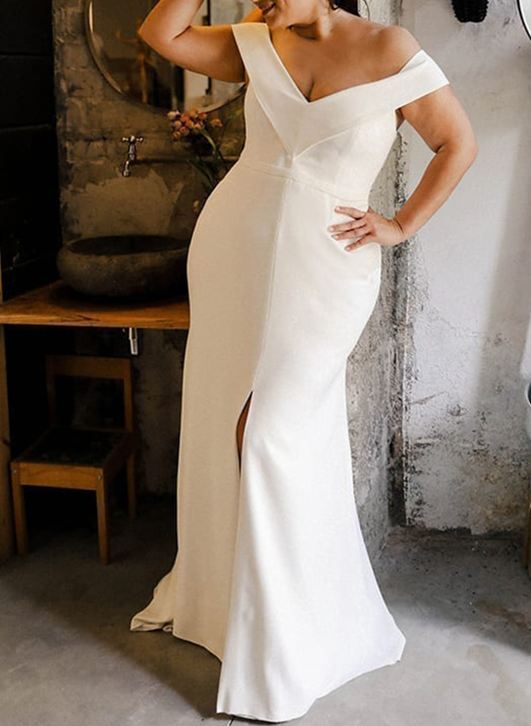 Sheath/Column Off-The-Shoulder Sleeveless Sweep Train Satin Chiffon Wedding Dress