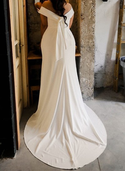 Sheath/Column Off-The-Shoulder Sleeveless Sweep Train Satin Chiffon Wedding Dress